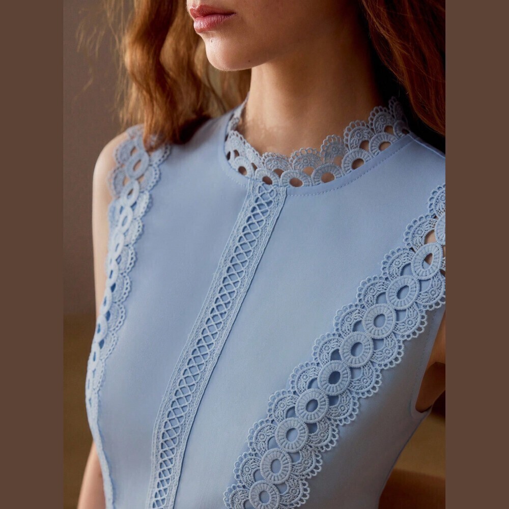 Dusty Blue Crochet Lace Trim Sleeveless Maxi Dress - Picture 4 of 7